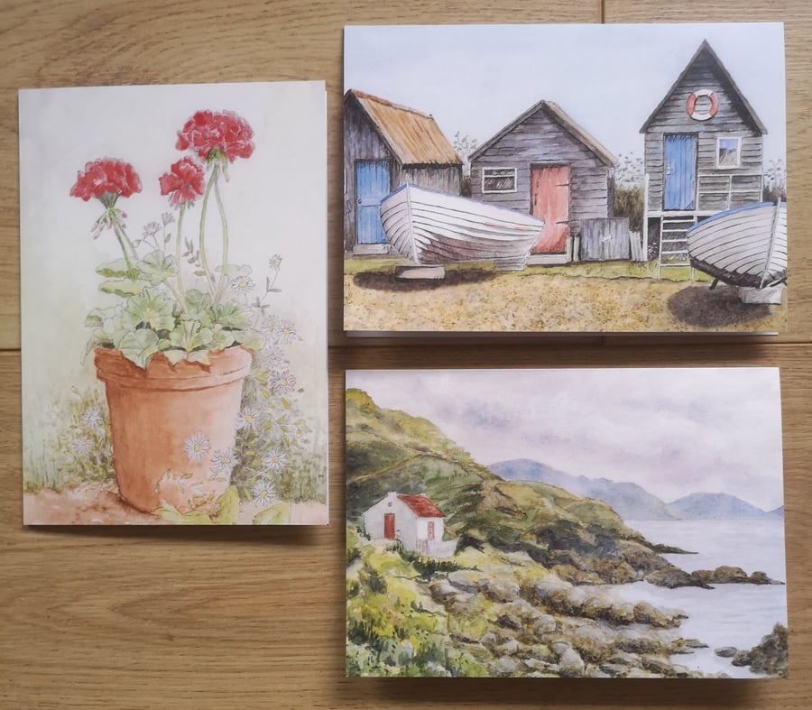 Three A5 art greetings cards