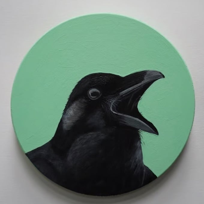 Fine art original acrylic painting black Raven bird circular mint green artwork 