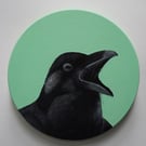 Fine art original acrylic painting black Raven bird circular mint green artwork 