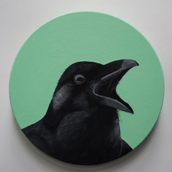 Fine art original acrylic painting black Raven bird circular mint green artwork 