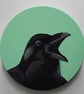 Fine art original acrylic painting black Raven bird circular mint green artwork  - Image 1