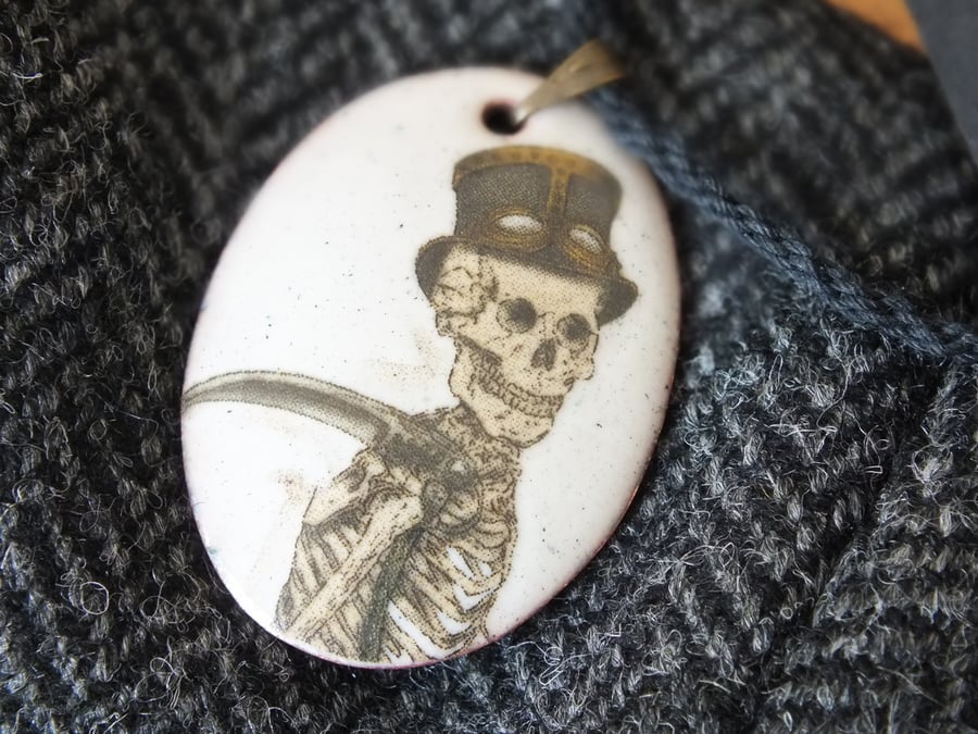 SALE: Steampunk Reaper enamelled pendant