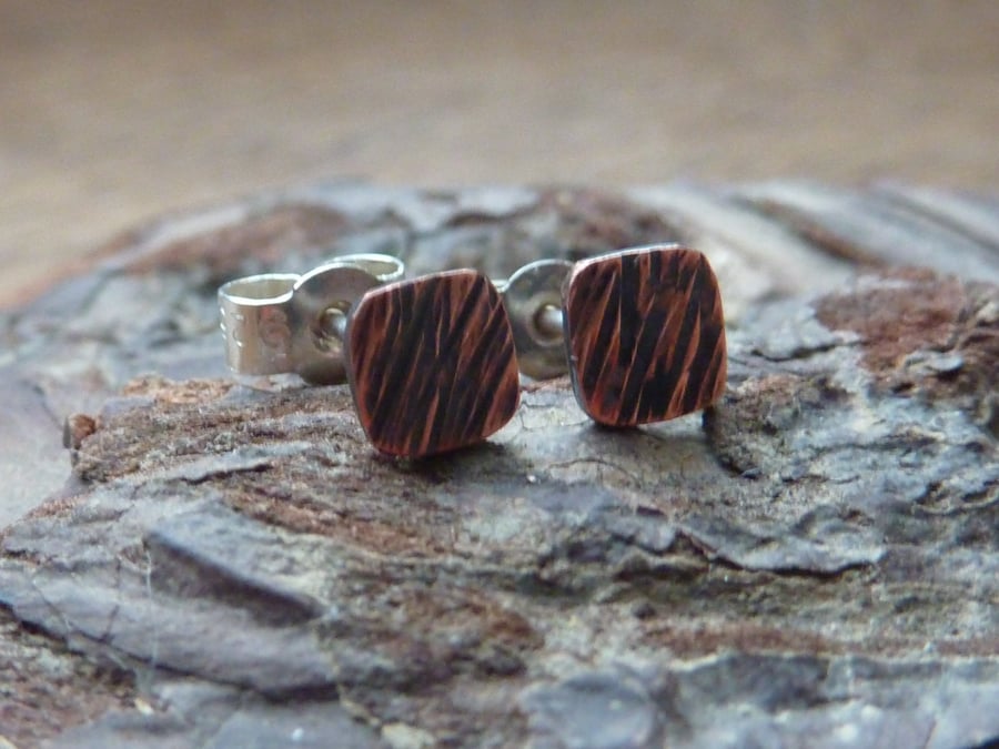 Square Bark Effect Copper Stud Earrings