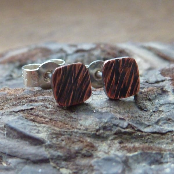 Square Bark Effect Copper Stud Earrings