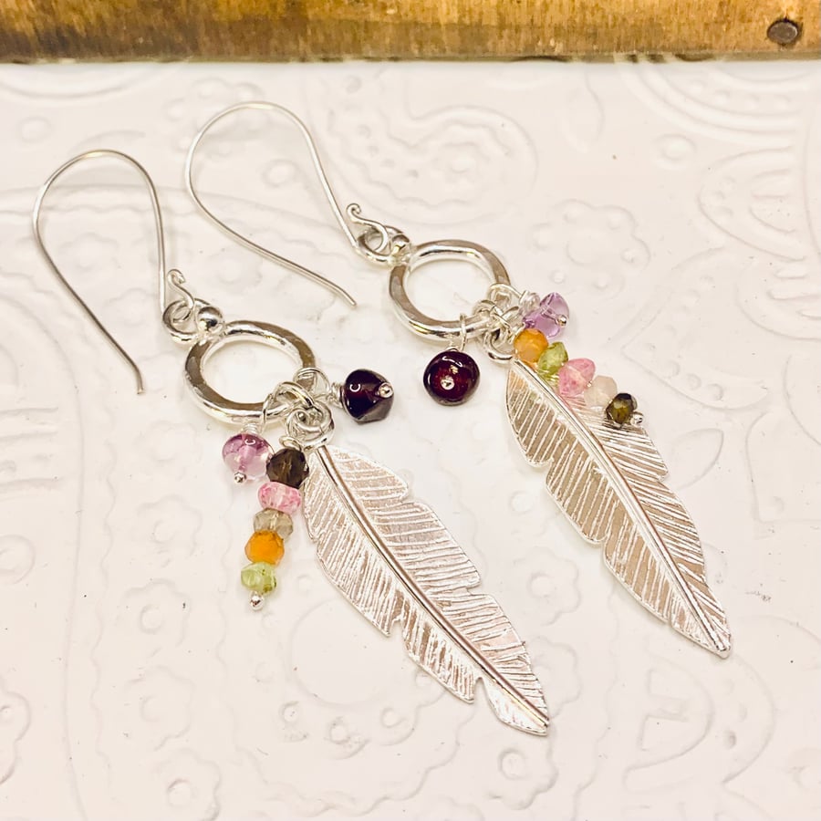 Silver Feather & Gemstone Earrings