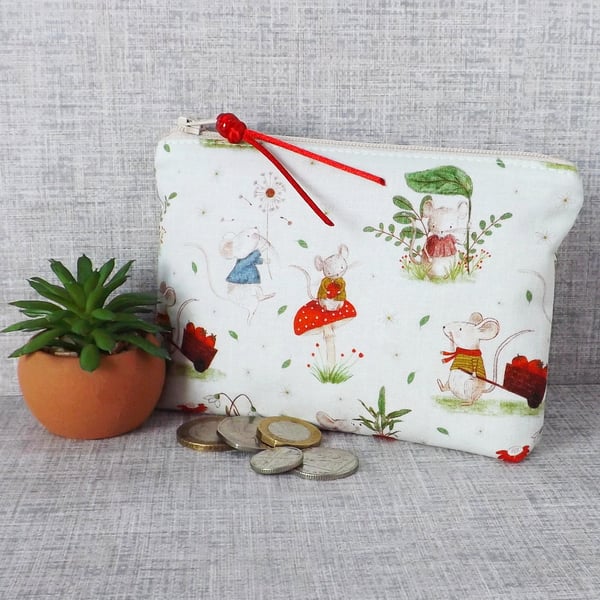 Large coin purse, pouch, mice and mushrooms