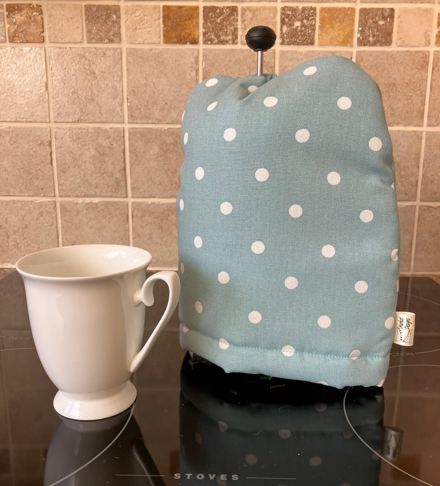 Turquoise Spotty Cafetiere Cosy, Handmade in the UK