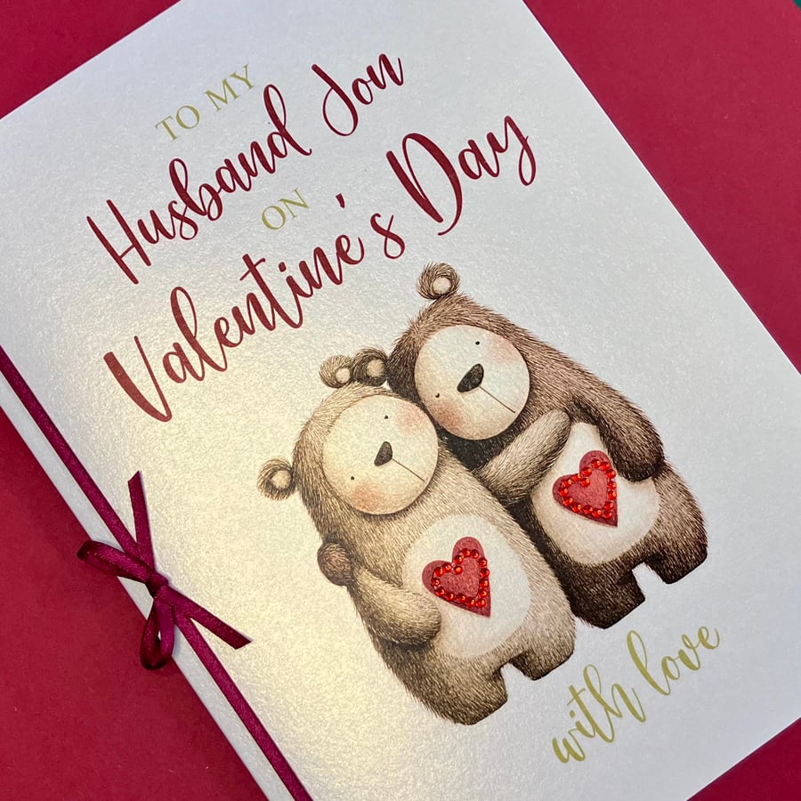 Valentine Romantic Bears Card Personalised – embellished with satin ribbon bow
