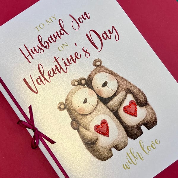 Valentine Romantic Bears Card Personalised – embellished with satin ribbon bow