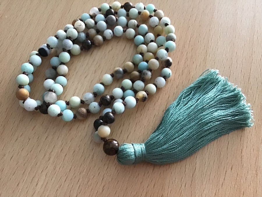 Andean Opal and Bronzite hand knotted long tassel necklace (108 beads)
