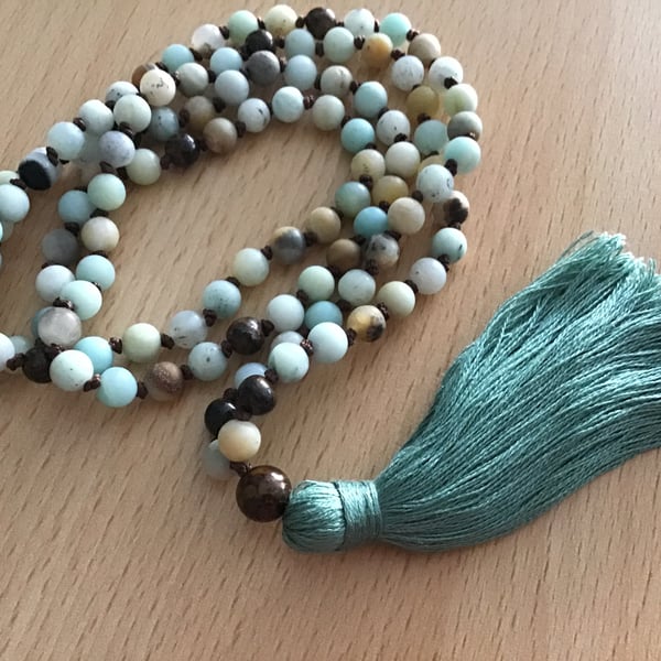 Andean Opal and Bronzite hand knotted long tassel necklace (108 beads)