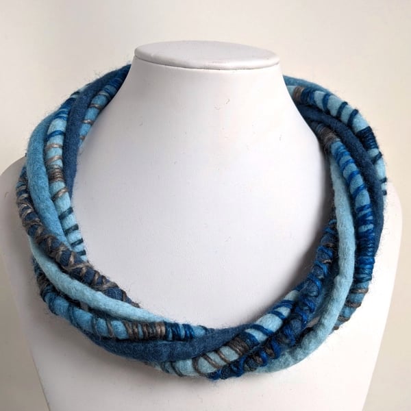The Wrapped Twist: felted cord necklace in denim blues