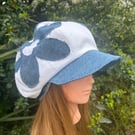 Women's white & blue flower denim Baker boy cap