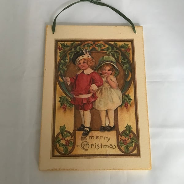Vintage Children Merry Christmas Wooden Plaque Decoration