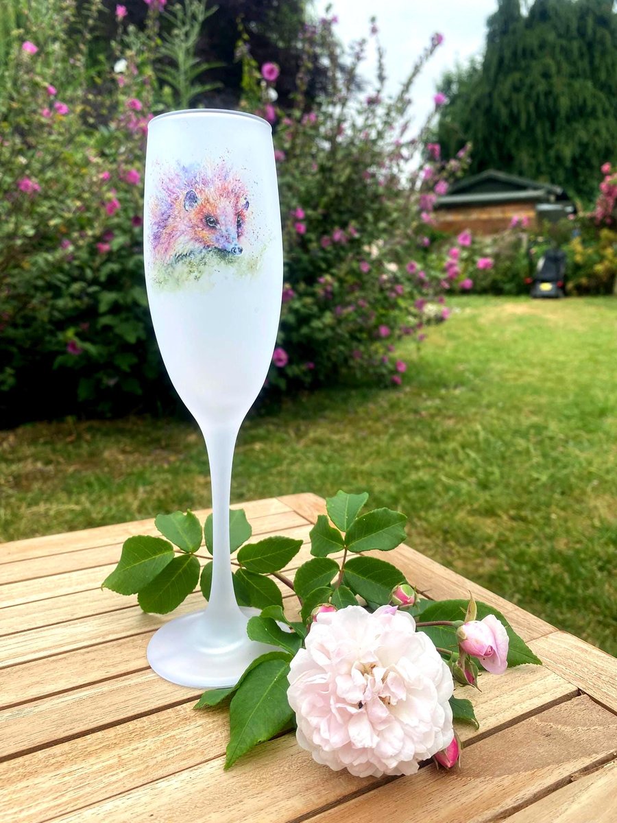 Holly Blue Hedgehog Watercolour Motif, Frosted Glass Champagne Flute, 
