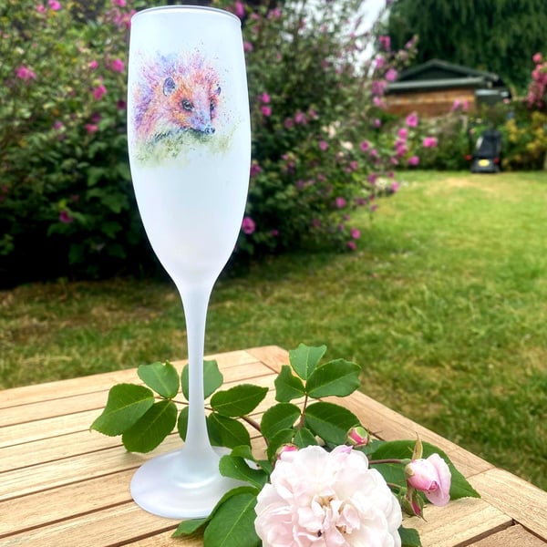Holly Blue Hedgehog Watercolour Motif, Frosted Glass Champagne Flute, 