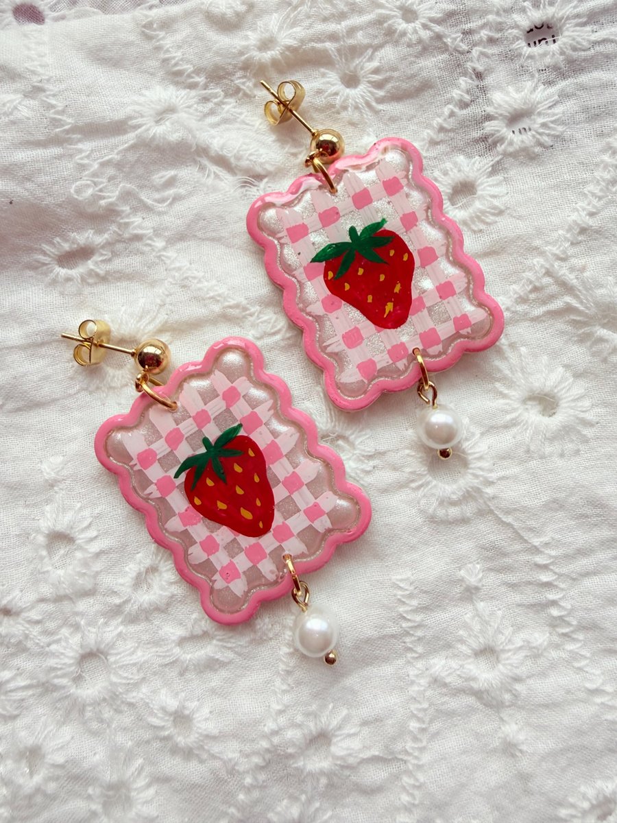 Pink Gingham Strawberry Pearl Drop Earrings