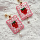 Pink Gingham Strawberry Pearl Drop Earrings