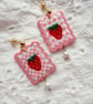 Pink Gingham Strawberry Pearl Drop Earrings