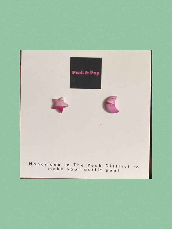 Playful Celestial Stud Earrings – Pink Star & Moon Mismatched 