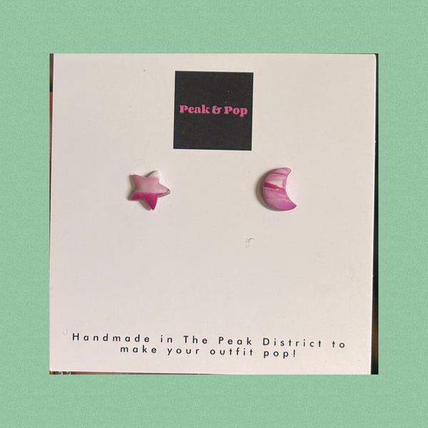 Playful Celestial Stud Earrings – Pink Star & Moon Mismatched 
