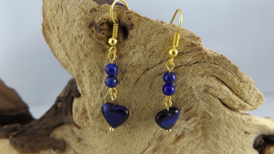 Tiger eye puffed heart and lapis earrings
