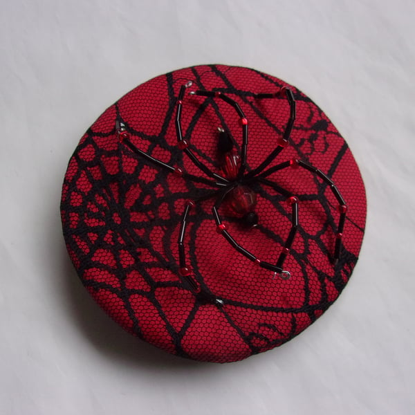 Bright Red & Black Crystal Spider Cobweb Cocktail Hat Fascinator Mini Headpiece 