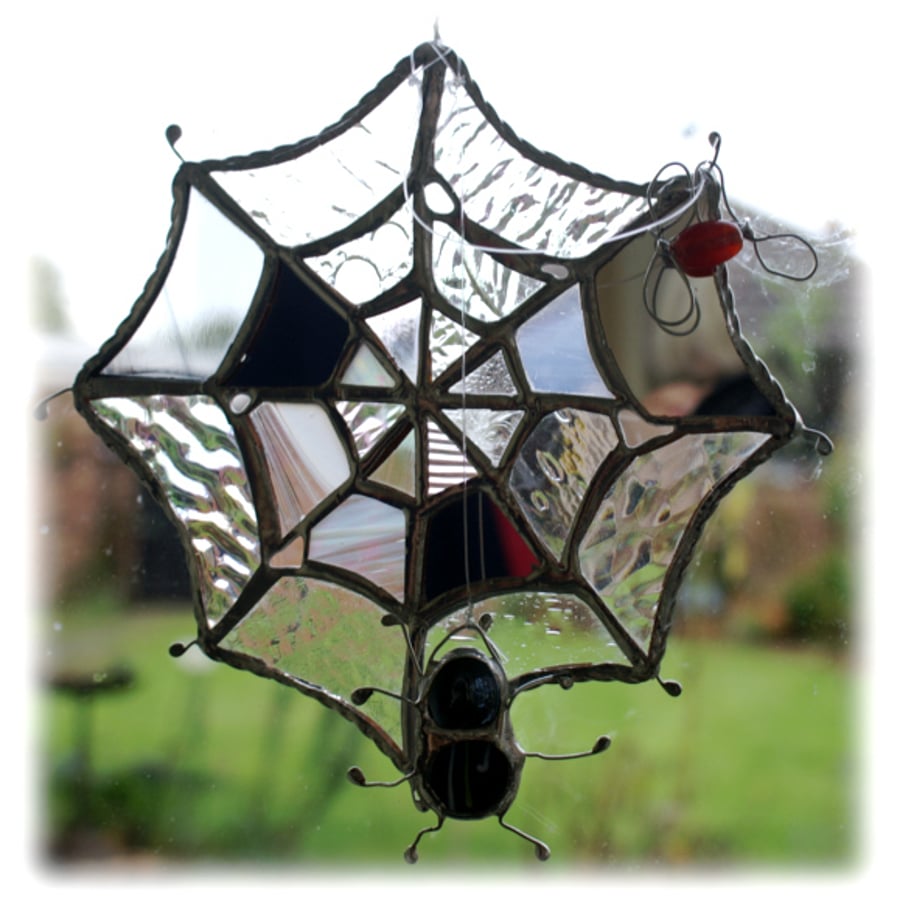 Spider's Web Suncatcher Stained Glass with Black Spider and Red fly 035