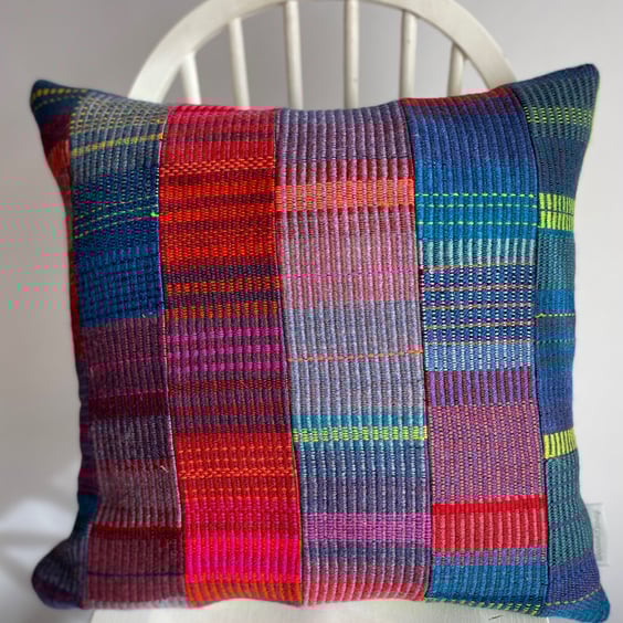 Patchwork Hand woven wool cushion, designed and made by Yvonne Skelton