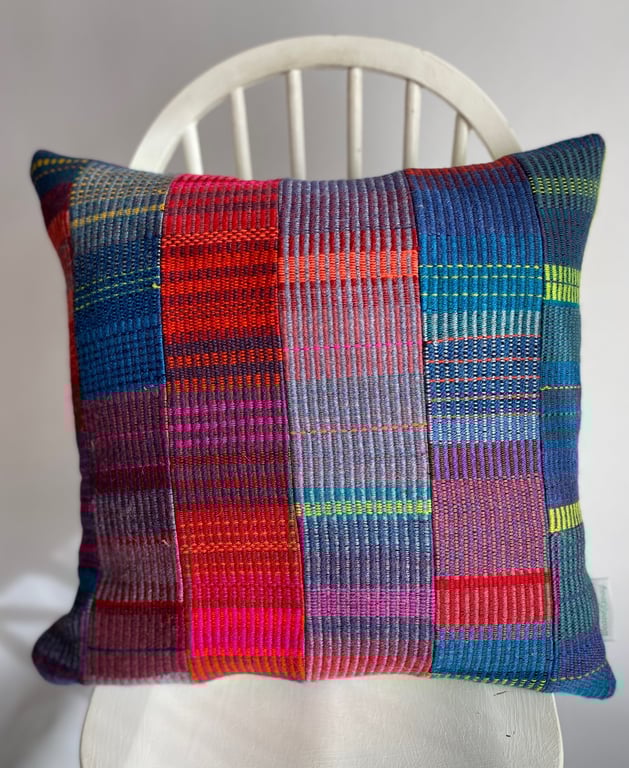 Patchwork 1:Hand woven wool cushion, designed and made by Yvonne Skelton