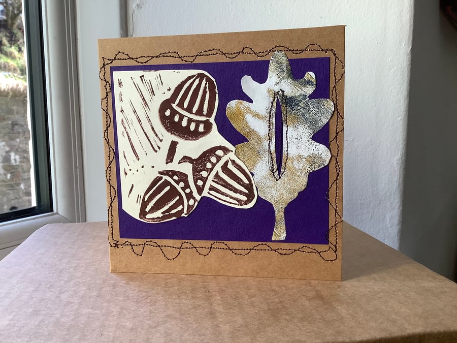 Blank card with original hand carved and stamped linocut image of acorn&oak leaf