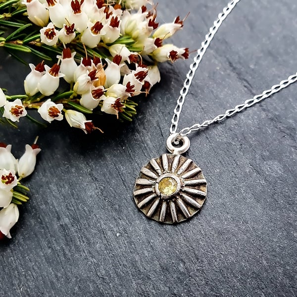 Recycled Fine Silver Daisy Pendant with Citrine Cubic Zirconia