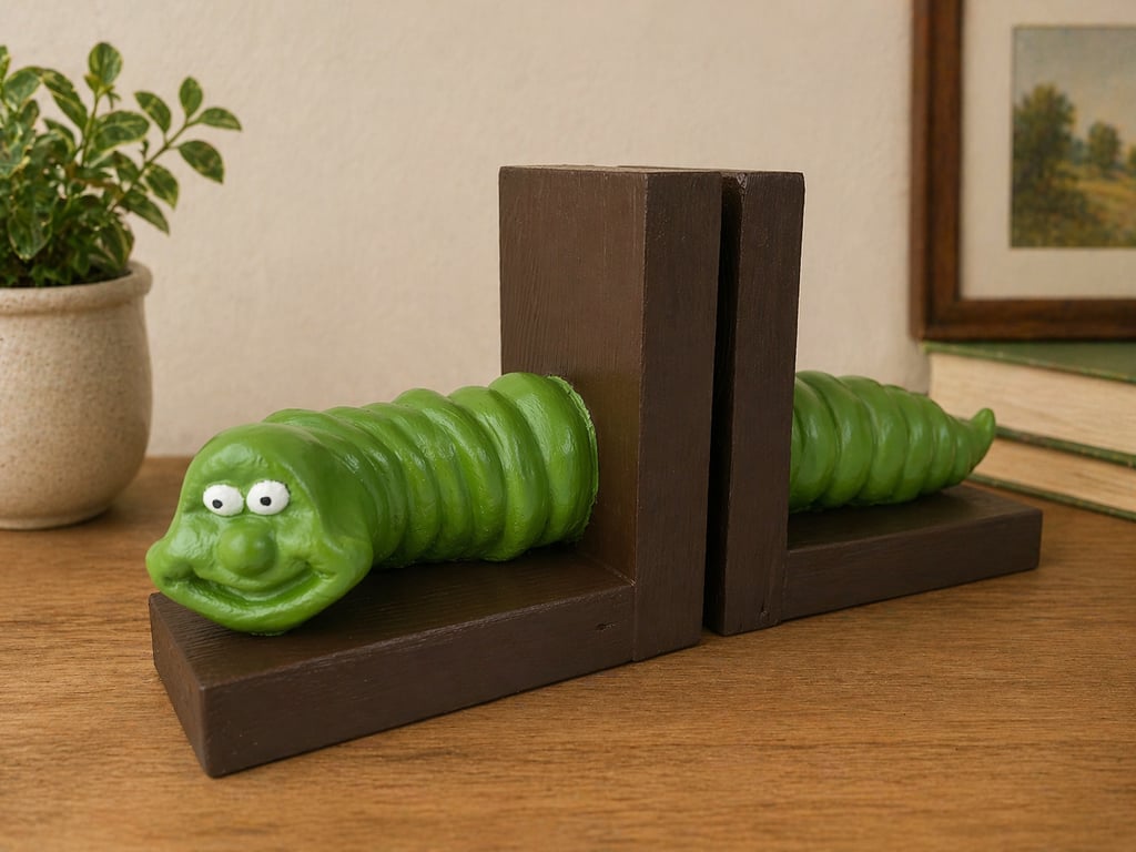 Heavy Bookworm Bookends Cute Green Comical Worm Caterpillar Character 