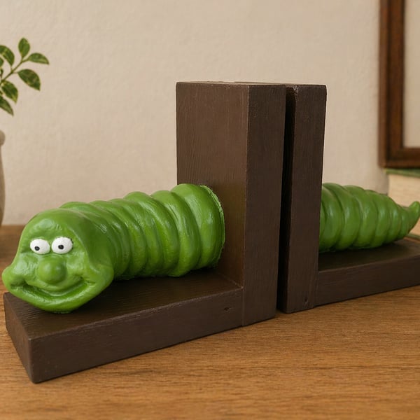 Heavy Bookworm Bookends Cute Green Comical Worm Caterpillar Character 