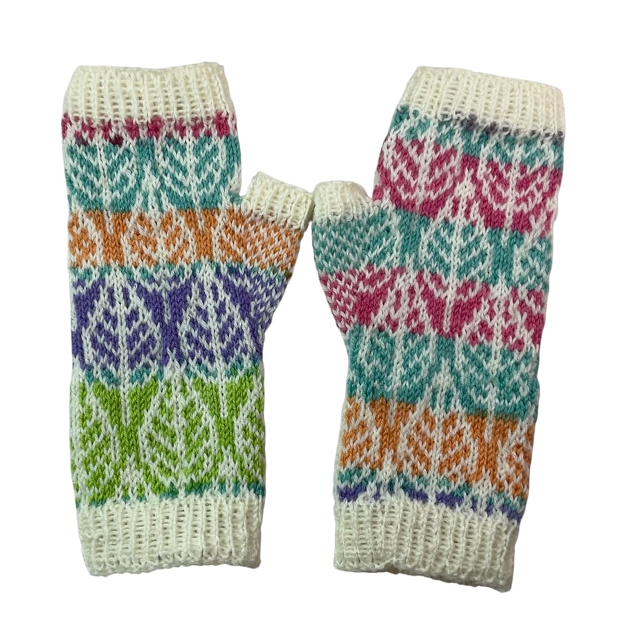 fingerless gloves with a pretty leaf pattern, colourful wool winter Texting 