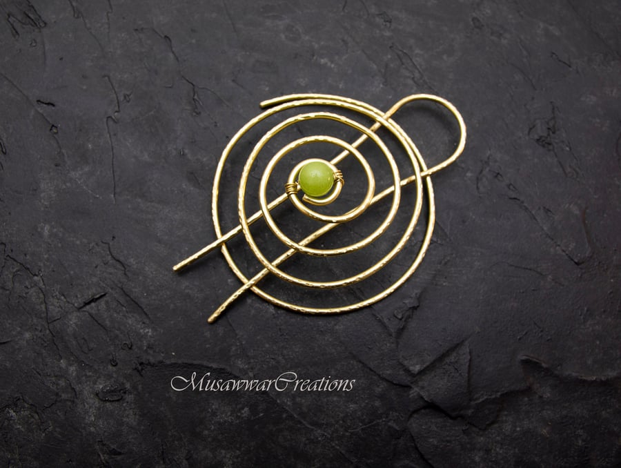 Green quartz Brass cage Hair bun slide, brass hair bun slide, hair barrette,