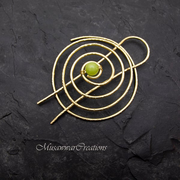 Green quartz Brass cage Hair bun slide, brass hair bun slide, hair barrette,