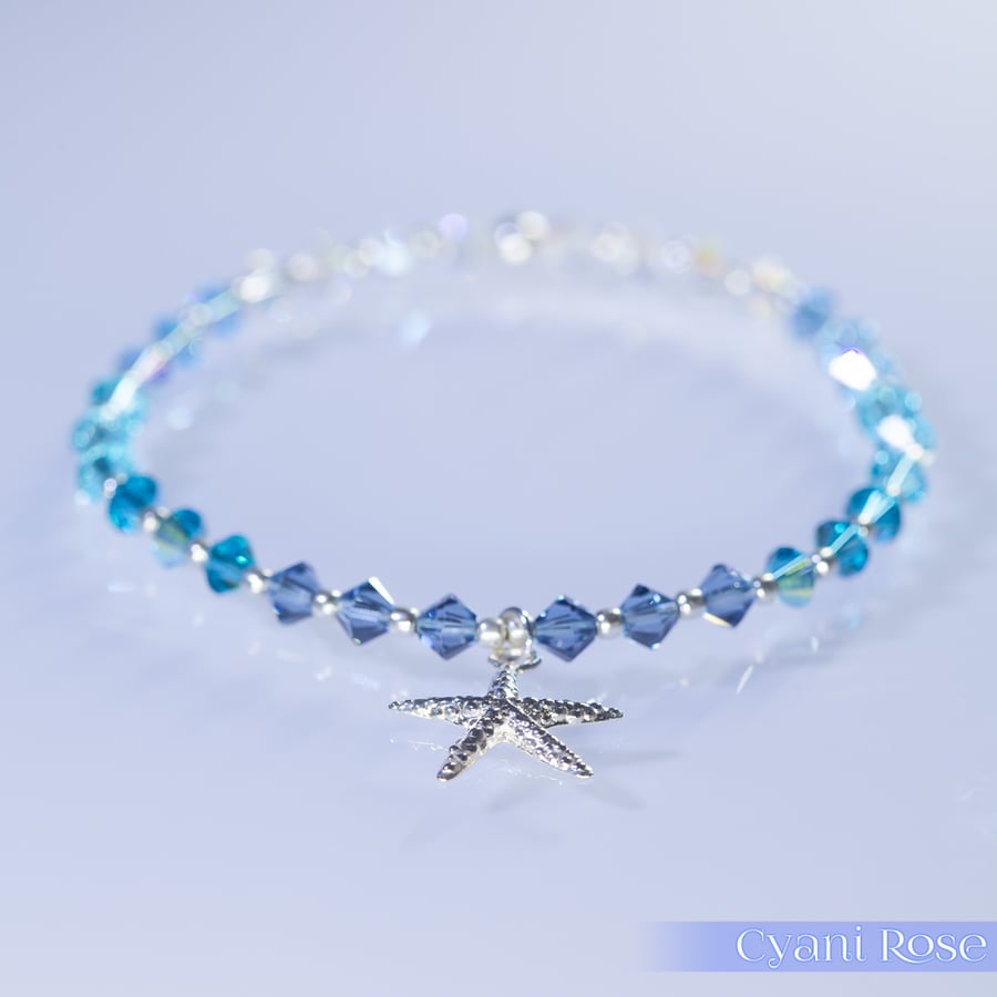 Swarovski and Sterling Silver Starfish charm beaded bracelet in blues