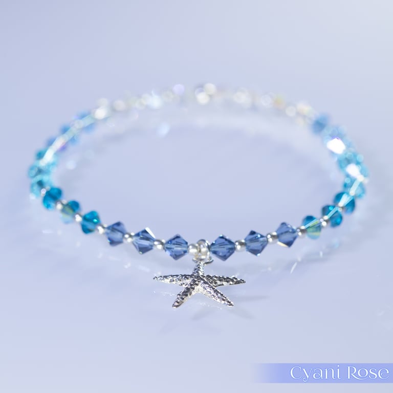 Swarovski and Sterling Silver Starfish charm beaded bracelet in blues
