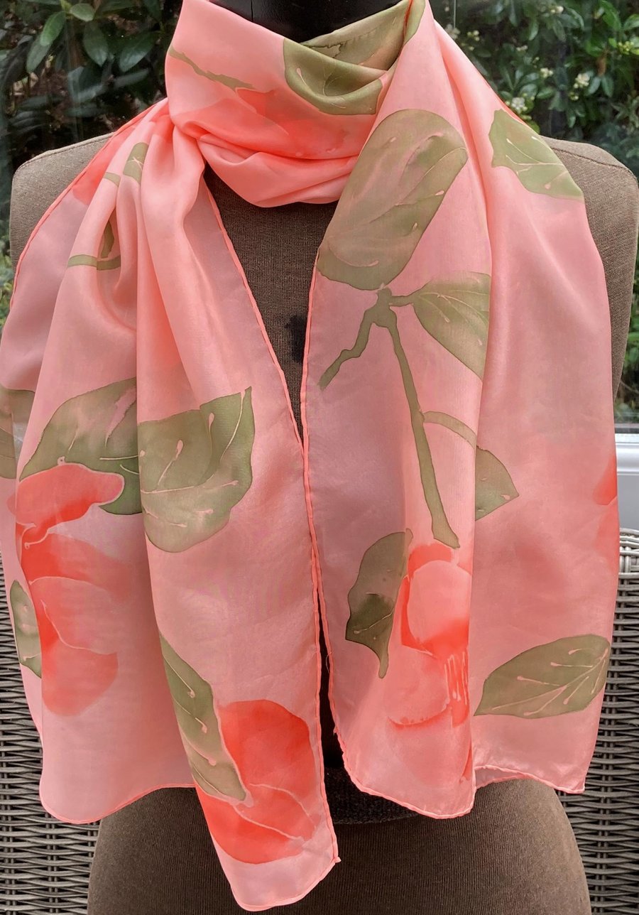 Pink Camellias hand painted silk scarf.  