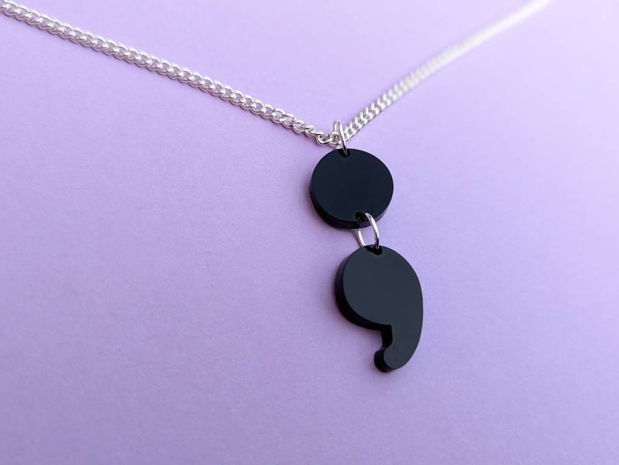 Semicolon necklace on black acrylic with silver plated chain statement necklace 