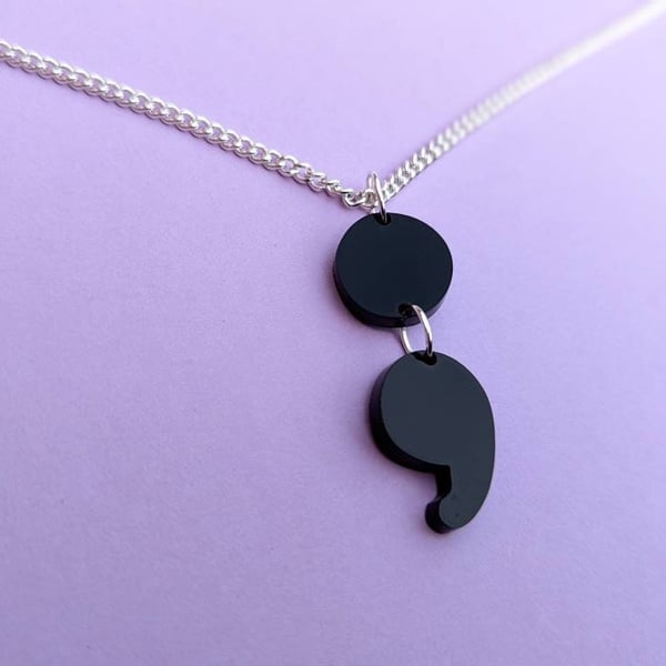 Semicolon necklace on black acrylic with silver plated chain statement necklace 