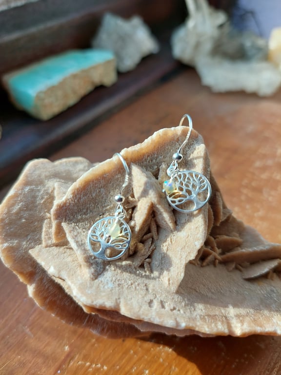 Sterling Silver and Opal Tree of Life Earrings - October Birthstone