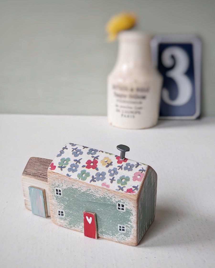 Little Handmade Painted Wooden House with Teeny Side Shed