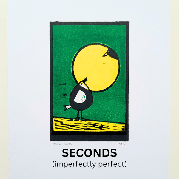 SECONDS Imperfect Handprinted Birds Linoprint Moon Linocut Print Nesting