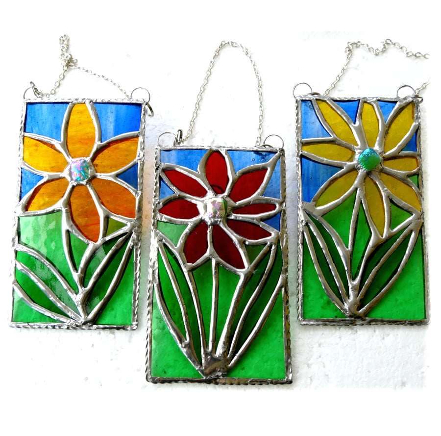 Flower Picture Stained Glass Suncatcher Art Red Yellow Orange Handmade Floral
