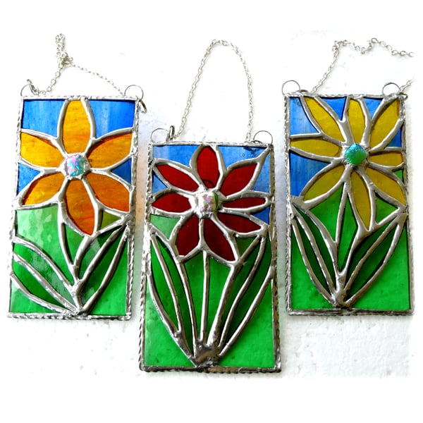 Flower Picture Stained Glass Suncatcher Art Red Yellow Orange Handmade Floral