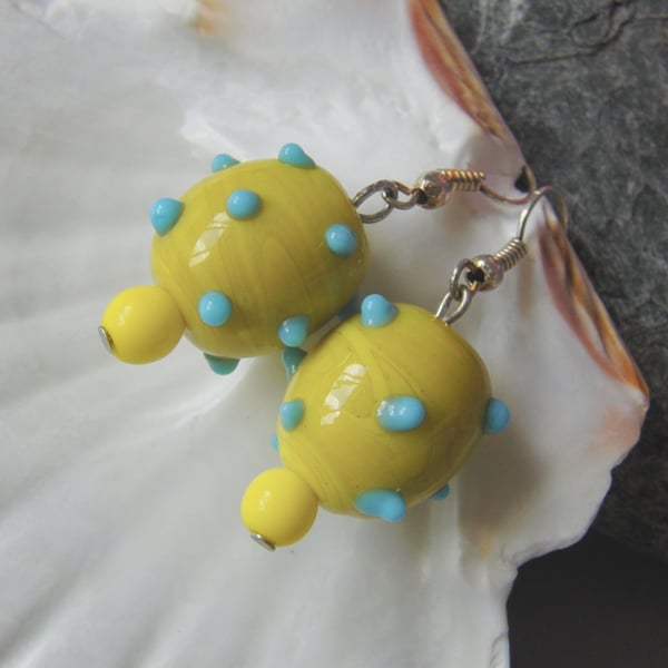 Yellow Art Glass Bead with Blue Dots, Gift for Her, Art Glass Earrings