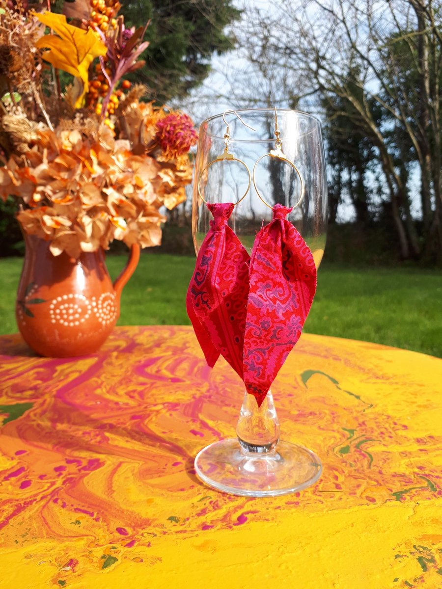 Handmade 100% Cotton Paisley Pink Hoop Dangle  Earrings