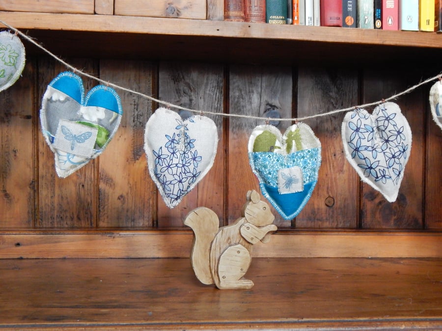 Patchwork and wild flower  - Screen printed heart - 73cm - Bunting, wall hanging